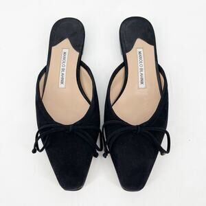 Manolo Blahnik Ballerimu Black Suede Bow Square Toe Ballerina Flat Mules IT 37